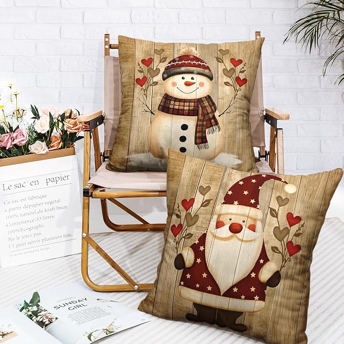 Vintage Christmas Pillow Covers 16x16 Santa Pillowcase Snowman Throw Pillow Covers Winter Holiday Retro Wooden Pattern Pillow Case for Xmas Decor Couch Sofa Set of 2