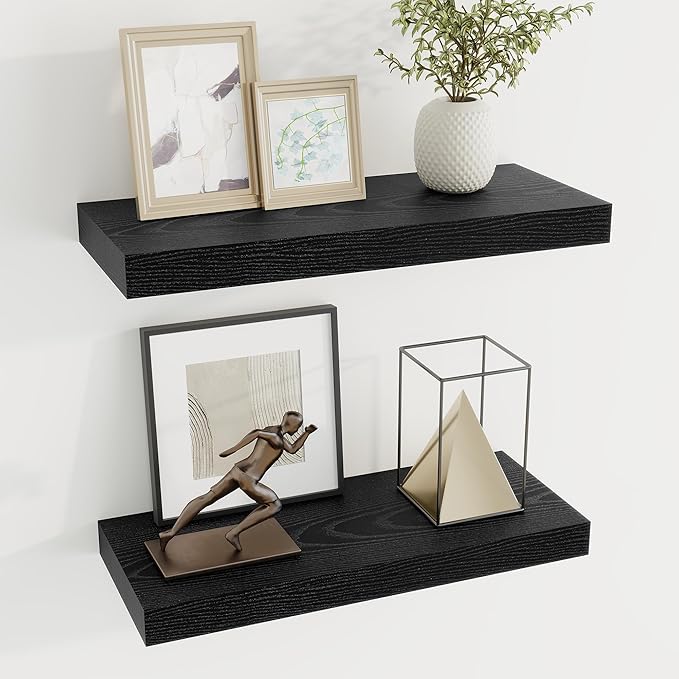 Dreamland 20Inch Black Floating Shelves 6.7" Deep Wall Mounted Set of 2 | Wall shelves for bathroom, bedroom, Living Room, kitchen, deep wall mount wood storage display for home decor 20" x 6.7"