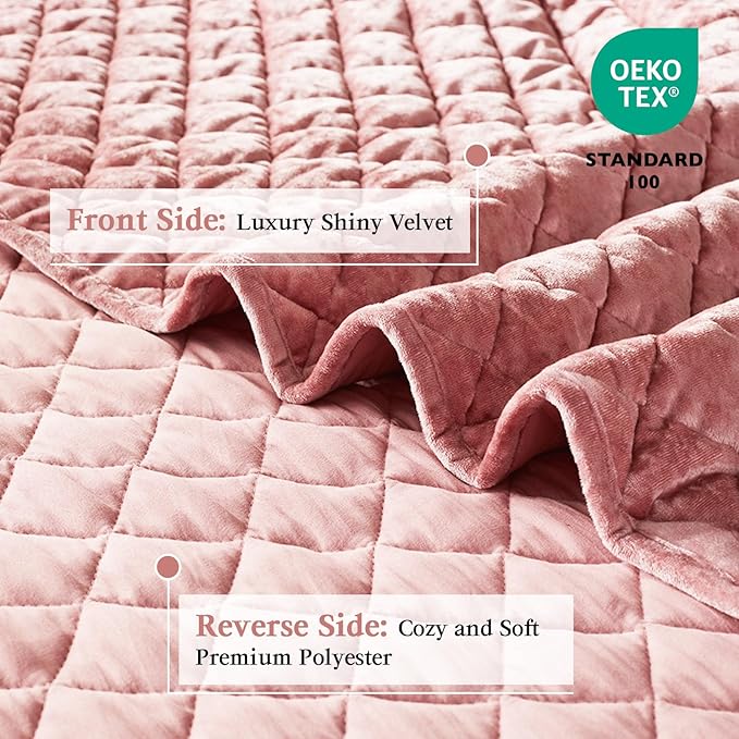 Cosybay Luxury Velvet Quilt Set King, Lightweight Oversized Bedspread Coverlet Quilted Box Stitch Bedding Set, with 2 Matching Pillow Shams, for All Season, Rose Pink