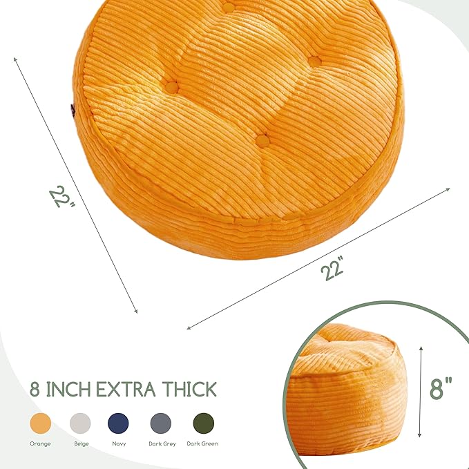 HIGOGOGO 8" Extra Thick Floor Pillow Cushion for Adults, Meditation Cushion Pillow, Large Round Floor Sitting, Tufted Corduroy Cover, for Tatami Living Room or Yoga, 22x22 Inch, Orange