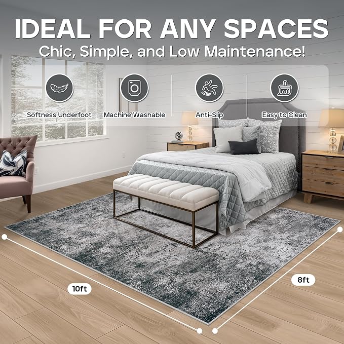 8x10 Area Rugs for Living Room Rug Washable: Modern Large Rug for Dining Room Bedroom Carpet Non Slip 8 by 10 Indoor Abstract Nursery Home Office Black