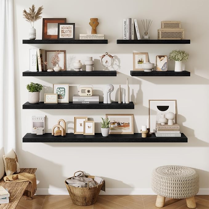 Fun Memories Floating Shelves for Wall 10 Inch, 10 Inch Deep Square Wall Shelves, Bathroom Storage Shelves Over Toilet, Wood Floating Shelves for Living Room Bedroom, Black, Set of 2