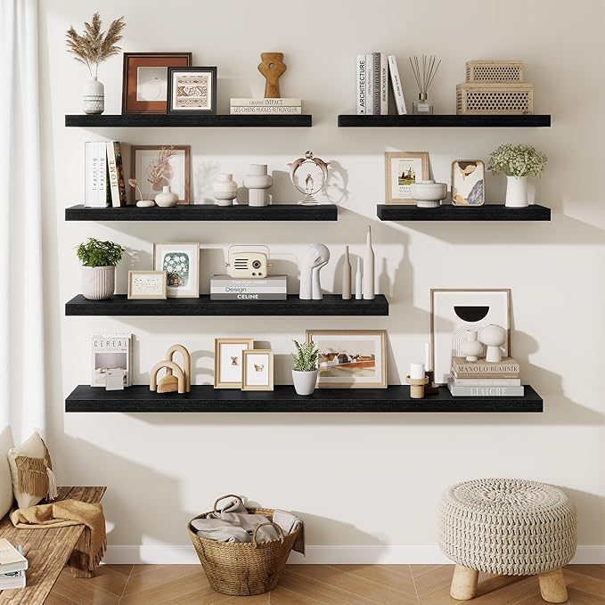 Fun Memories Wood Floating Shelves 20 Inch, 10 Inch Deep Shelves Wall Mount, Wall Shelves with Invisible Bracket, 20" Floating Shelves for Living Room Bathroom Bedroom, Black, Set of 2