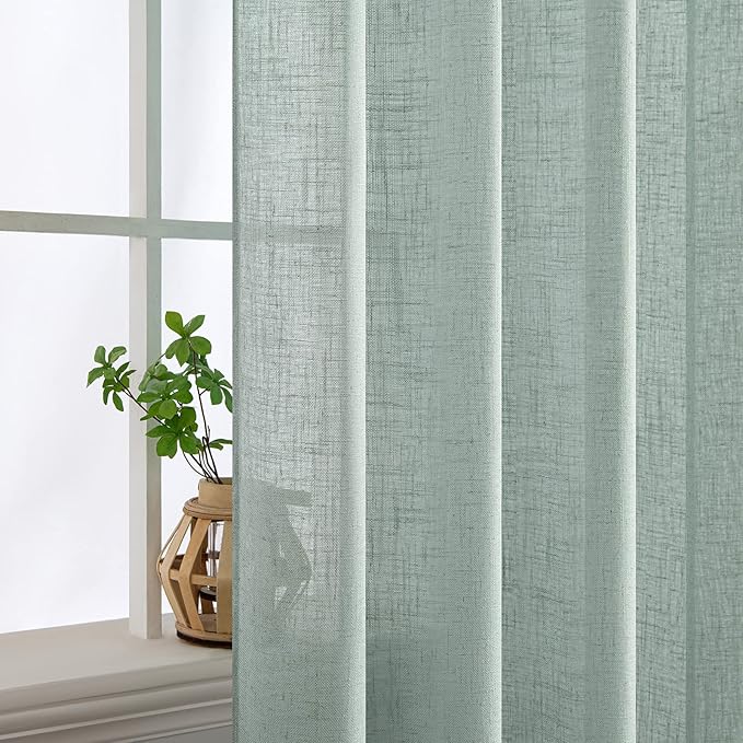 MIULEE Sea Green Linen Curtains 84 Inch Length for Bedroom Living Room, Soft Thick Linen Textured Window Drapes Semi Sheer Light Filtering Back Tab Rod Pocket Burlap Look, 2 Panels, 37x84 Inches