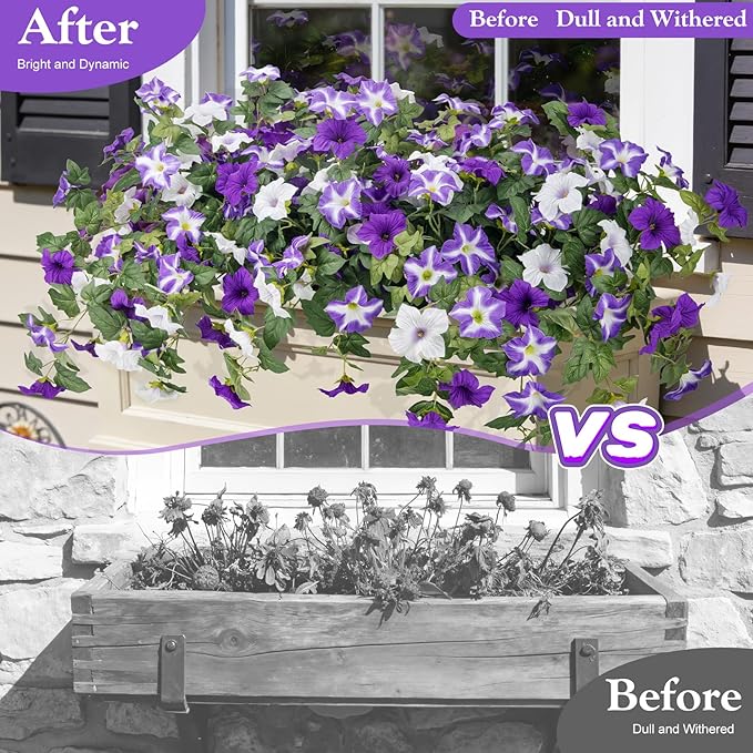 Ouddy Decor 3 Pcs Artificial Flowers for Outdoors Decorations, Fake Silk Petunias Flowers Faux Plants UV Resistant for Garden Porch Window Box Balcony Yard Planter Spring Summer Home Decor, Purple