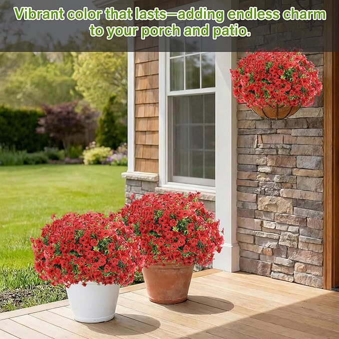 Artificial Flowers for Outdoor,Silk Flowers No Fade Fake Plastic Flowers UV Resistant Faux Plants for Outdoors Outside Front Porch Hanging Planter Window Box Garden Home Decoration,42 Pack(Red)