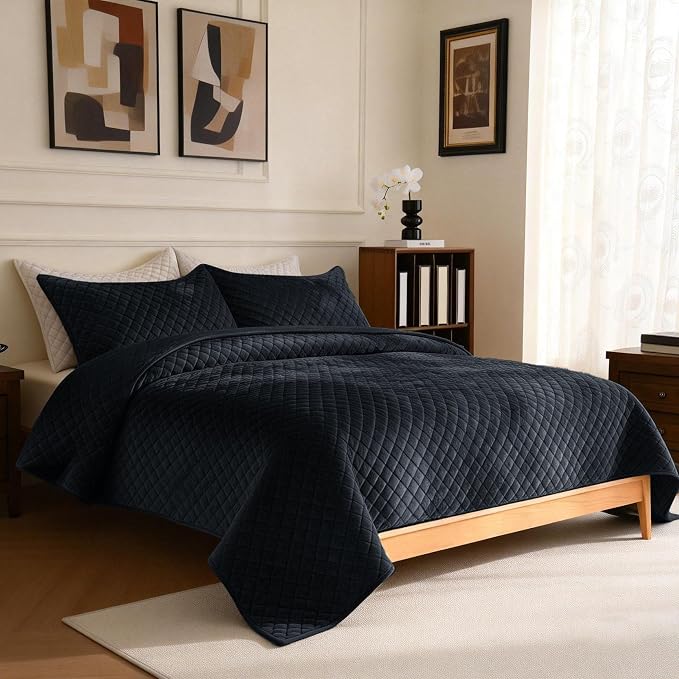 3-Piece Velvet Quilt Set Oversized King Size 120"x128" Bed Blanket Quilted Bedspread Soft Luxury Bedding with 2 Pillow Shams 20''x36'' for All-Season,Blue-Gray