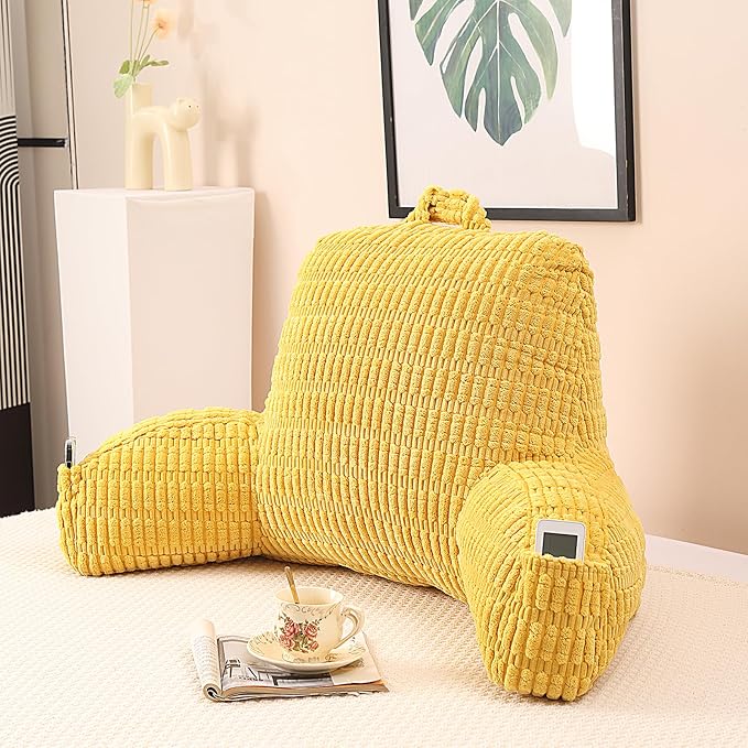 Large Reading Pillow for Sitting Up with Arms,Yellow Corduroy | Back Pillow for Adults Backrest,19" Sitting Pillow Supports Reading,Gaming & Relaxing in Bed,Couch,Floor Corners