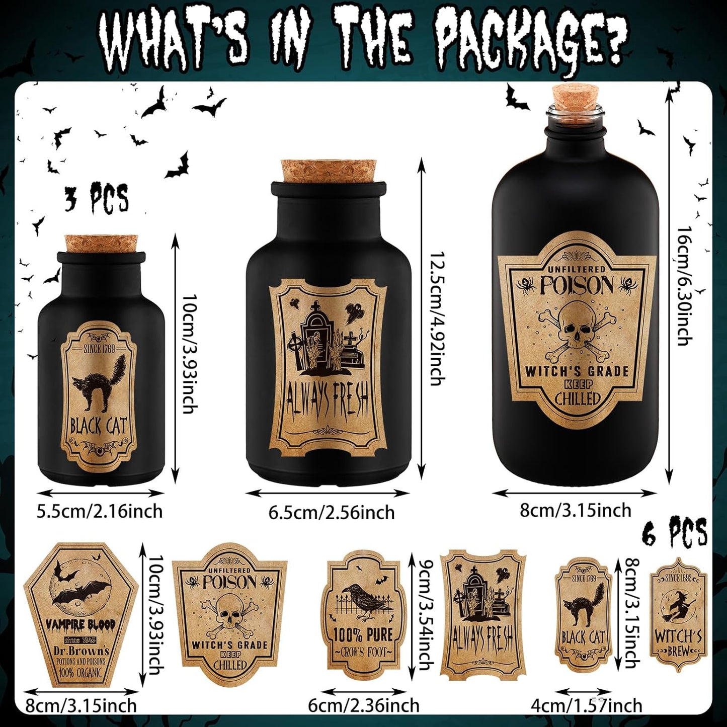 Umigy 3 Pcs Vintage Glass Potion Bottles with Cork Lid Black Halloween Tiered Tray Decoration 12 Apothecary Bottles Jars Stickers Labels Halloween Table Home Bathroom Decorations Indoor