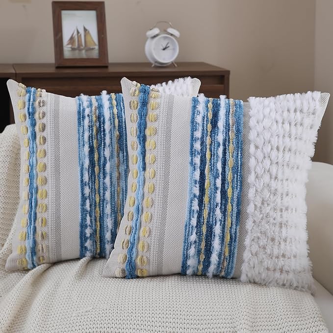 Boho Throw pillow covers 18x18 set of 2 farmhouse decorative Couch pillow covers neutral Accent throw pillows covers striped outdoor cushion covers square textured chenille pillow cases for sofa bed