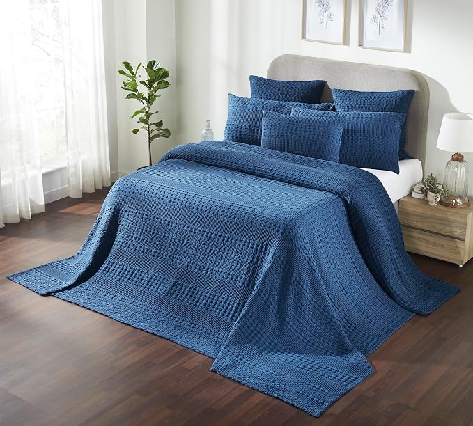 VHC Brands 100% Cotton Waffle Weave Navy Blue Oversized King Size Blanket 120x120, Decorative Cotton Throw Blanket, Boho Farmhouse Bedroom Decor for Bed, Couch, or Sofa