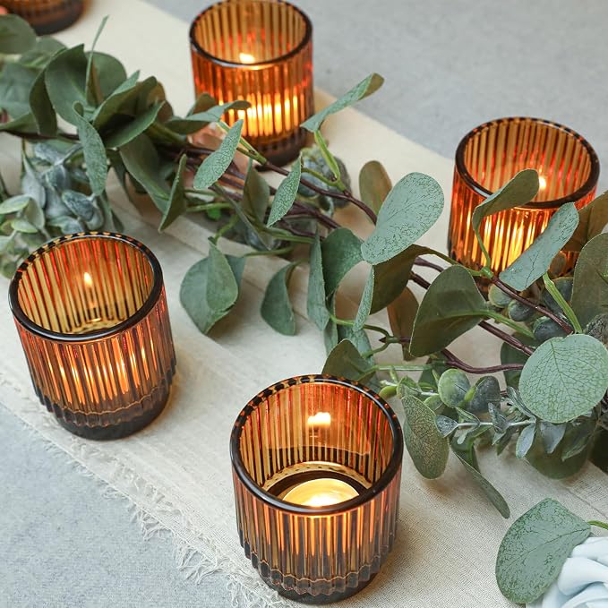 Vintage Ribbed Amber Glass Tealight & Votive Candle Holders (Set of 12), Wedding Bridal Shower Party Table Decor, Fall Decor, Boho Decor, Shelf Decoration