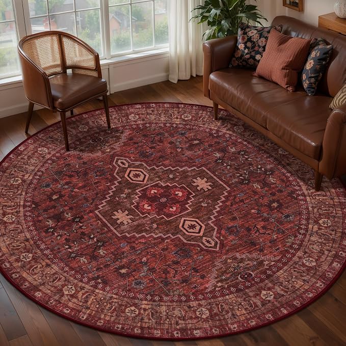 Tangsoo Red Round Area Rugs 6ft, Washable Circle Rug, Non Slip Boho Round Area Rug, Vintage Low Pile Circular Rugs,Large Round Rugs Carpet for Livingroom Bedroom Nursery Dorm Office