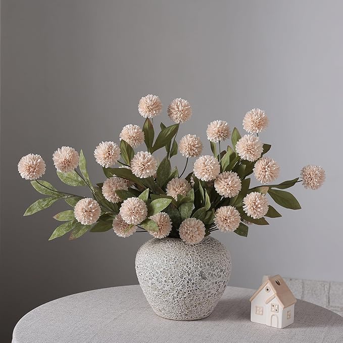 VIERENA 6 Pcs Faux Silk Pompon Mum Artificial Flowers for Vase -27", Bulk Fake Chrysanth Branches with Stems for DIY Bouquet Centerpieces Wedding Fillers Arrangements Shower Decorations (Beige)