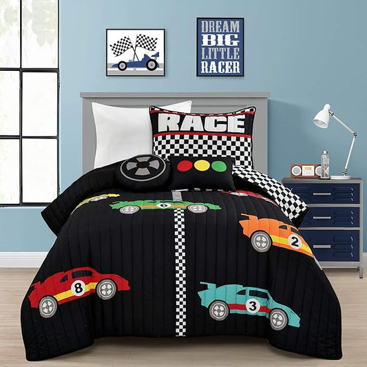 Lush Decor Racing Cars Reversible Quilt Twin Size 4 Piece Set Black & Multi - Toddler Bedding Set Twin Quilt - Car Decor