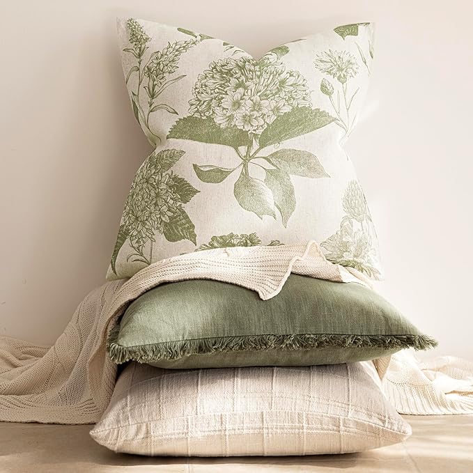 Foindtower Set of 2 Linen Floral Throw Pillow Covers Vintage Accent Print Decorative Cozy Cushion Covers Farmhouse Boho Home Decor for Sofa Chair Couch Bedroom Living Room,24×24 Inch,Light Green