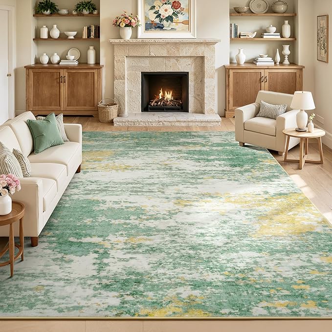 Lofus 8x10 Area Rug for Living Room,Abstract Large Rugs with Non-Slip Backing, Neutral Modern Washable Carpet for Bedroom Dining Room Home Office Nursery Indoor, Light Green/Yellow