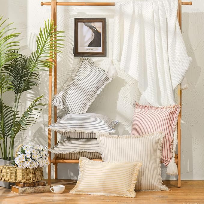 ZWJD Throw Pillow Covers 26x26 Set of 2 Striped Pillow Covers with Fringe Chic Cotton Decorative Pillows Square Cushion Covers for Sofa Couch Bed Living Room Farmhouse Decor, (Yellow)