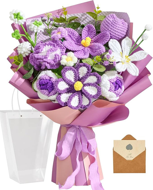 Alecono Large Crochet Flower Bouquet, Knitted Artificial Flowers, Crochet Tulip as a Gift for Valentines Day Mothers Day, Graduation Gifts for Girls Women (Purple)