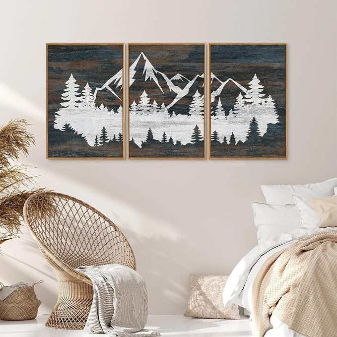 Rantodecor Vintage Mountain Framed Canvas Wall Art, White Snowy Nature Landscape Wall Decor, Rustic Wilderness Forest Art Paintings, Modern Farmhouse Artwork for Bedroom Living Room Office 24"x36"x3
