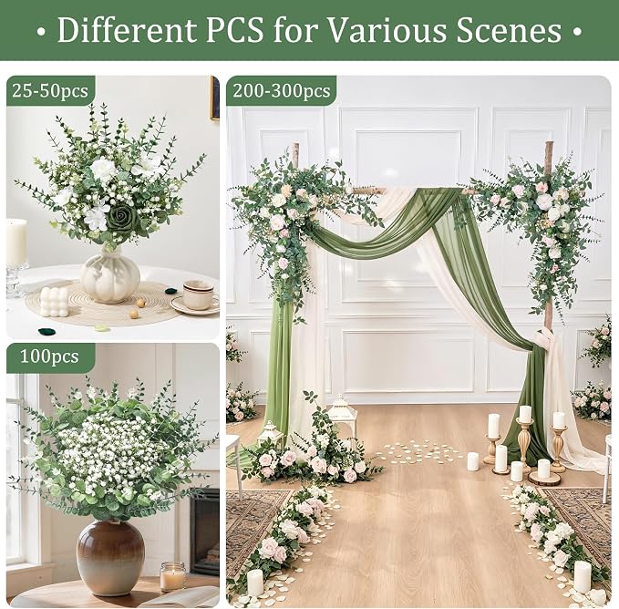 Serwalin 100 Pcs Mixed Artificial Eucalyptus Stems,Babys Breath Artificial Flowers Bulk with Faux Eucalyptus Leaves Greenery Stems for Wedding DIY Bouquets Floral Arrangement Home Decor