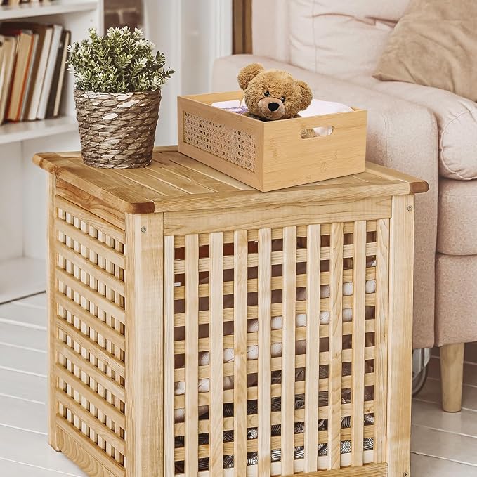 Wooden Storage Basket Set of 2 Handmade Rattan Drawer Storage Box with Frame & Handles Decorative Natural Bamboo Woven Bins Rustic Farmhouse Decor Home Office Tabletop Shelf Organizer, NAtural