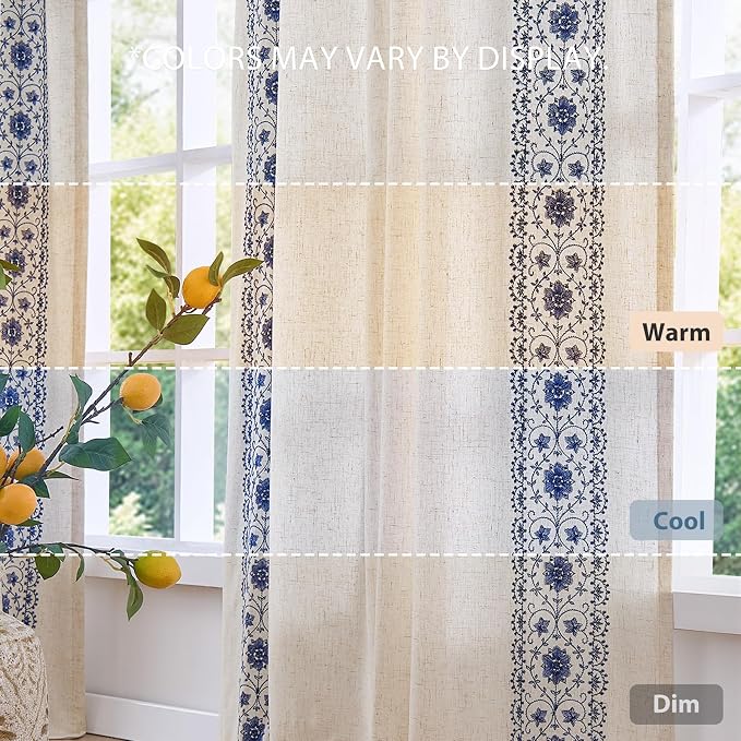 jinchan Weslie Boho Lined Linen Curtains for Bedroom Blue Vintage Floral Farmhouse Curtains 96 Inches Long Linen Drapes for Living Room Embroidered Drapes Rod Pocket Blue on Beige 2 Panels