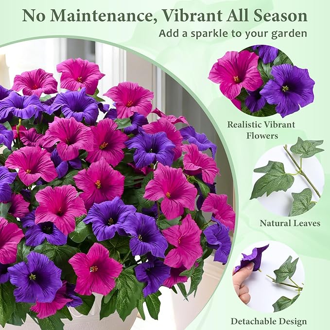 MARTINE MALL Artificial Flowers for Outdoors, 8 Bundles Realistic Fake Outdoor Flowers, UV Resistant Silk Petunia Flower for Outside Look Real Faux Flower Plant for Outdoor Porch Decor, Purple+Fuchsia