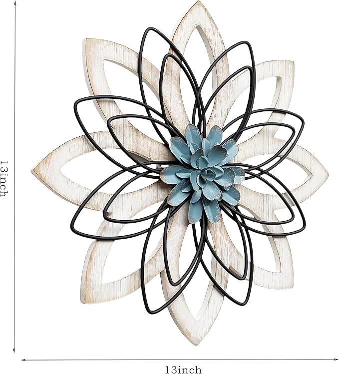 Remenna Metal Flowers Wall Decor, Metal Rustic Wall Art Decoration Farmhouse Wall Decorations Multiple Floral Hanging Decor for Bathroom Living Room Home Office Garden Kitchen (white & blue)