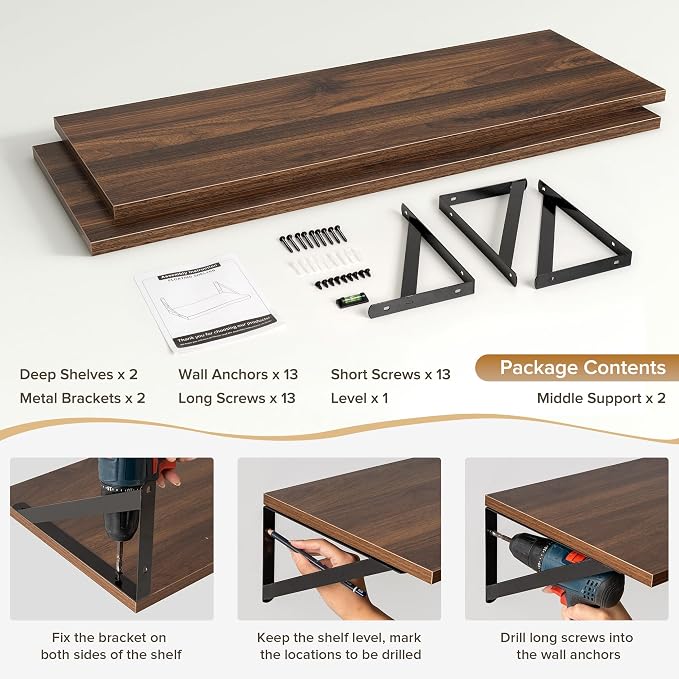 Acovy Deep Floating Shelves Wall Mounted, 36"x12" Walnut Wall Shelves with Brackets Set of 2 for Bedroom, Living Room, Bathroom, Kitchen, Office - Storage & Display Shelf for Decor, Books, Plants
