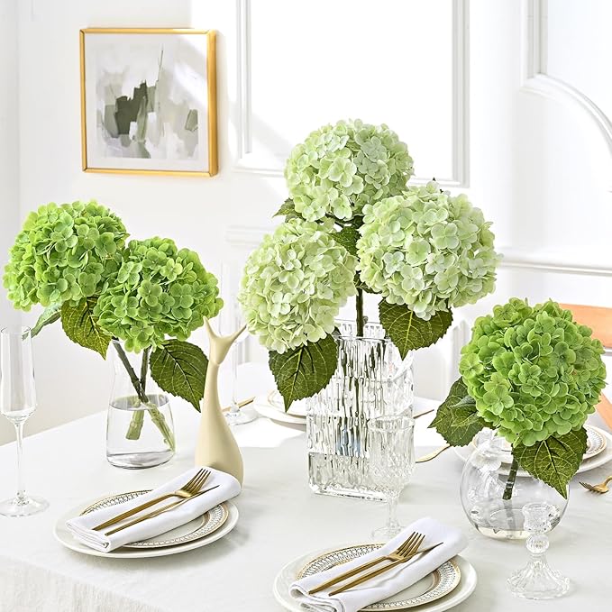 MARTINE MALL 3Pcs 21in Hydrangea Artificial Flowers, Latex Real Touch Hydrangeas Lifelike Large Hydrangea Flowers for Home Decor Party Arrangements Wedding Bouquets Centerpieces (Dark Green)
