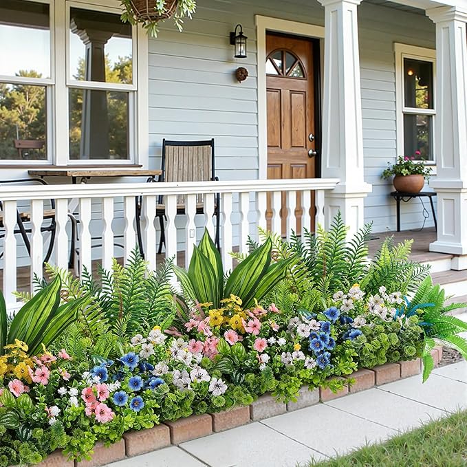 Alupssuc 24Pcs Artificial Flowers and Plants,UV Resistant & No Fade Fake Plastic Greenery Shrubs for Home Garden, Pathway, Front Porch-Spring Summer Decor, Indoor/Outdoor Use,Pink Blue Yellow White