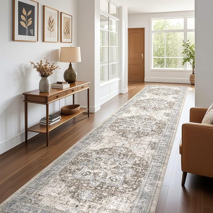 Tortania Area Rug 3x14 Runner Rugs - Washable Vintage Oriental Farmhouse Thin Indoor Carpet for Living Room Bedroom Hallway Entryway Kitchen Under Dining Table Home Office - Brown Blue