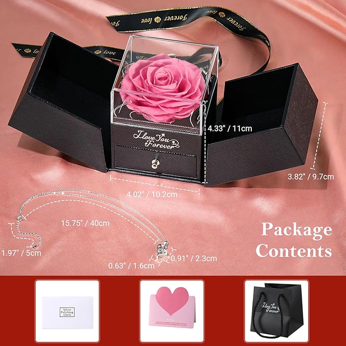 Emibele Preserved Rose Gifts for Women, Eternal Flower Rose Box with Heart Necklace, Romantic I Love You Gifts for Women Her Wife Mom Grandma on Valentines Mothers Day Birthday Anniversary