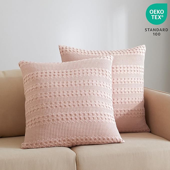 PHF 100% Cotton Waffle Weave Euro Sham Covers, 2 Pack 26" x 26" Bed Pillow Covers for Elegant Home Decor, No Filling, Luxury Aesthetic Soft Euro Pillow Cases for Bed, Pink