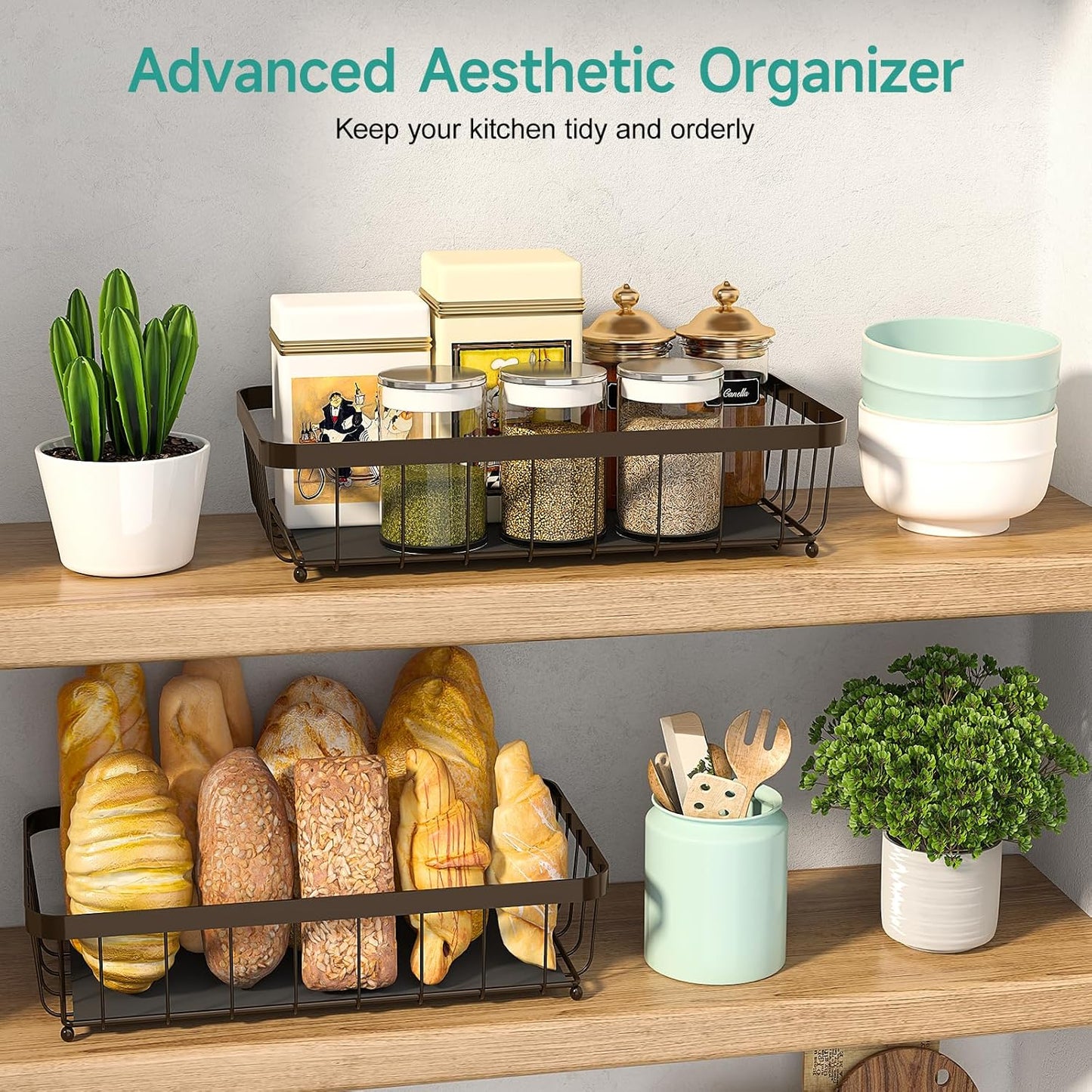 3 Tier Fruit Basket for Kitchen Counter with 2 Mobile Banana Hangers, 2025 Pro Detachable Metal Fruit Bowl with Wooden Handle, Fruit Holder for Bread Snack Veggies, Brown