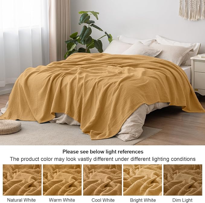PHF 100% Cotton Muslin Throw Blanket 50" x 60", 4-Layer Lightweight Gauze Throw, Breathable Cloud-Soft Minimalist Blanket for Bed, Couch, Camping, Amber, Ideal Gift