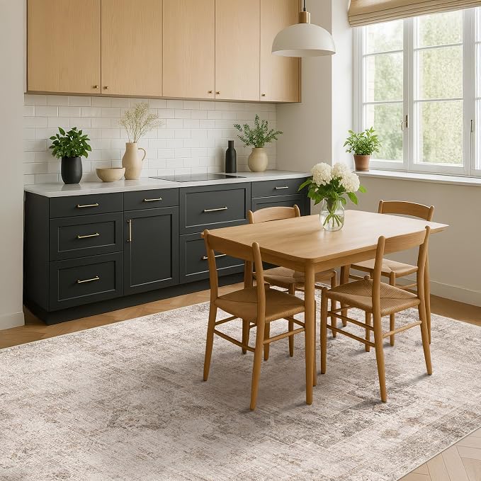 Hazo Haus Neutral Living Room Rug - 10x14 Farmhouse Beige Brown Large Area Rug for Dining Room, Bedroom, Low Pile Lightweight Washable