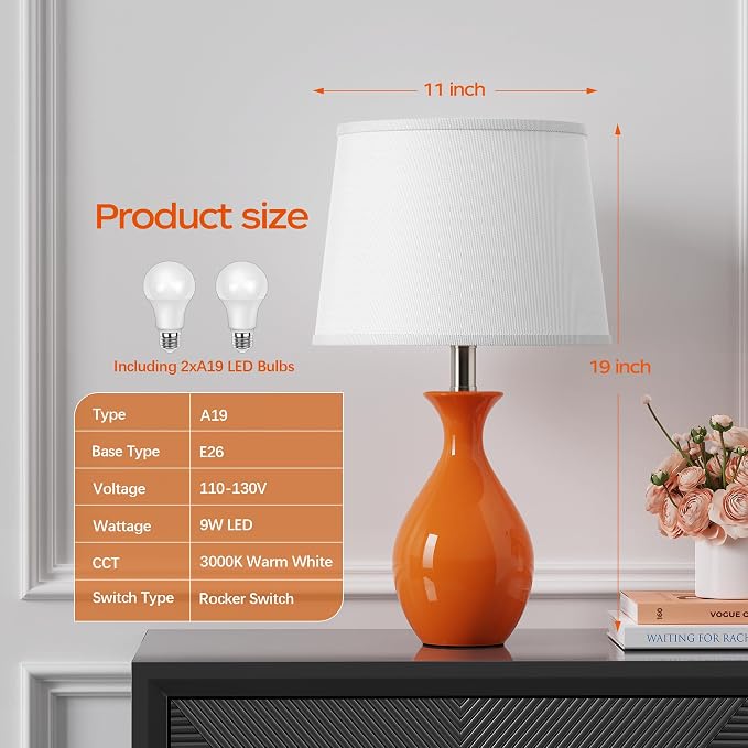 PARTPHONER Table Lamp Set of 2, Modern Ceramic Bedside Lamps for Night Stands, Classic Small Lamp Nightstand Lamp for Bedroom Living Room Desk End Table Rocker Swtich Orange