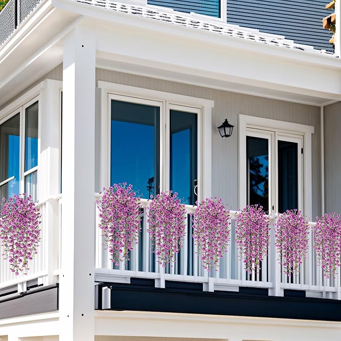 Ammyoo Artificial Hanging Flowers for Outdoors Fake Plants Decoration, 2 Packs Faux Silk Daisy Flower Realistic Outdoor Flowers UV Resistant Porch Patio Window Yard Indoor Spring Decor(Purple)