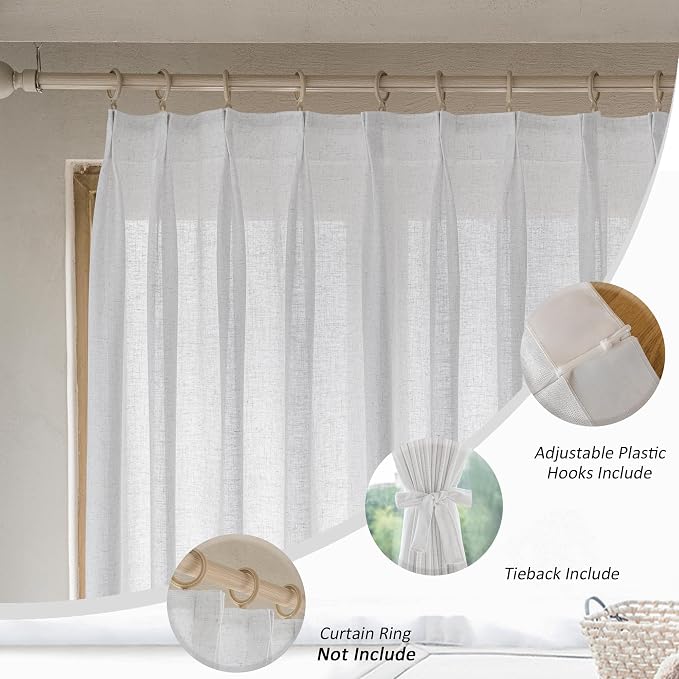 MAIHER Light Filtering Pinch Pleat Curtains 96 Inches Long, Linen Blend Beige White Semi Sheer Pleated Drapes Patio Door Window Curtains for Living Room 1 Panel, 72" W x 96" L