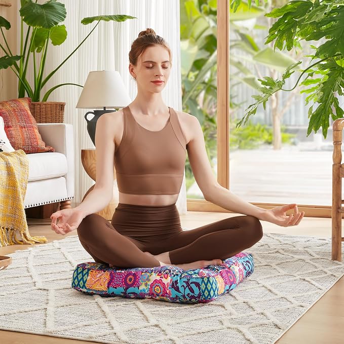 Codi Floor Cushions Seating for Adults and Teens Set of 2, Square Large Boho Pillows for Yoga Living Room Tatami Sitting Home Decor, Memory Foam Added, 22x22 Inch Multi Patchwork