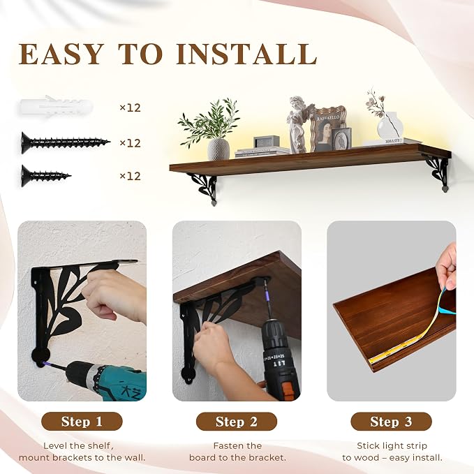 24 Inch 2 Tier Solid Wood Floating Shelves with LED Light, Metal Brackets | 24 inch solid pine shelves, 2 tier, warm LED light, walnut finish, metal brackets for books and decor