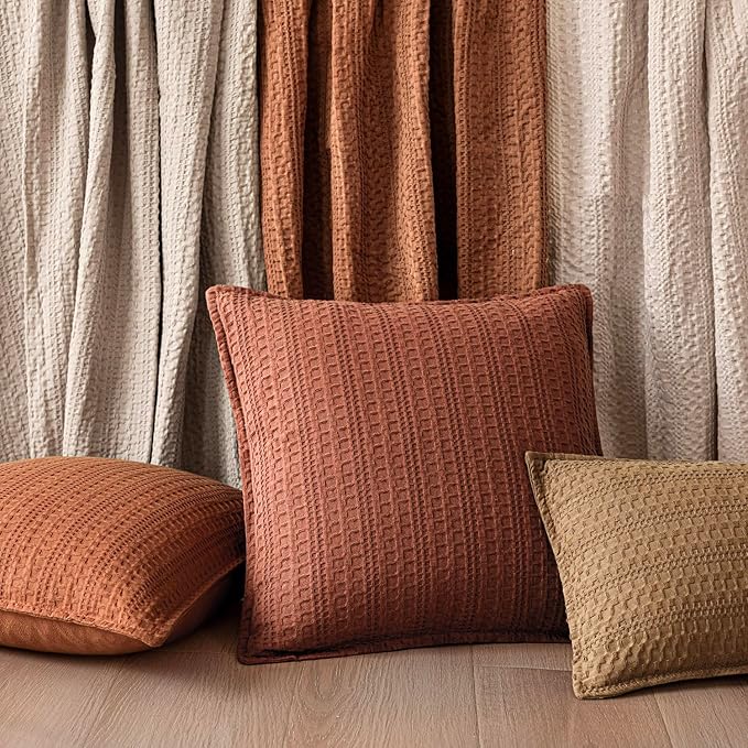 Foindtower Set of 2 Decorative Cotton Waffle Weave Textured Throw Pillow Covers Euro Sham Cushion Covers Accent Pillowcase For Bed Couch Sofa Bedroom Living Room Home Decor 18×18 Inch Fall Rust Orange