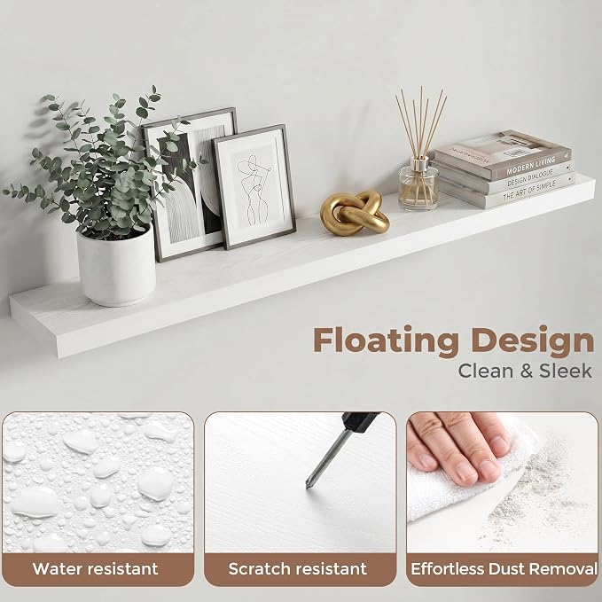 Venusmiles Floating Shelves for Wall, 48 Inch Floating Shelves Set of 1, 6.5" D Wooden Wall Mounted Display Shelves with Invisible Brackets for Living Room, Bedroom, Bathroom, Kitchen Decor, White