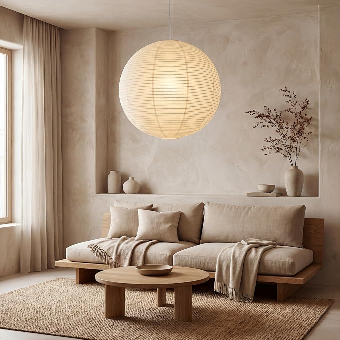 Nogy Japanese Style Lantern Pendant Light - Off White Rice Paper Pendant with Cord Plug in (15ft) 29.5 in
