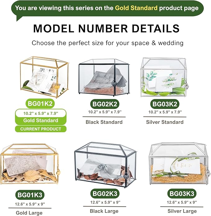 NCYP Small 10.2" x 5.9" x 7.9" Glass Cards Box with Slot and Lock for Wedding Reception - Home Birthdays Party Geometric Decorative, Gold - Slot Length 6.3 Inches (Glass Box Only)