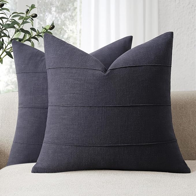 ZWJD Decorative Linen Throw Pillow Covers 16x16 Set of 2 Solid Handcrafted Striped Cushion Covers for Bed Soft Modern Farmhouse Neutral Pillowcase for Couch Bedroom Living Room Home Decor(Dark Navy)