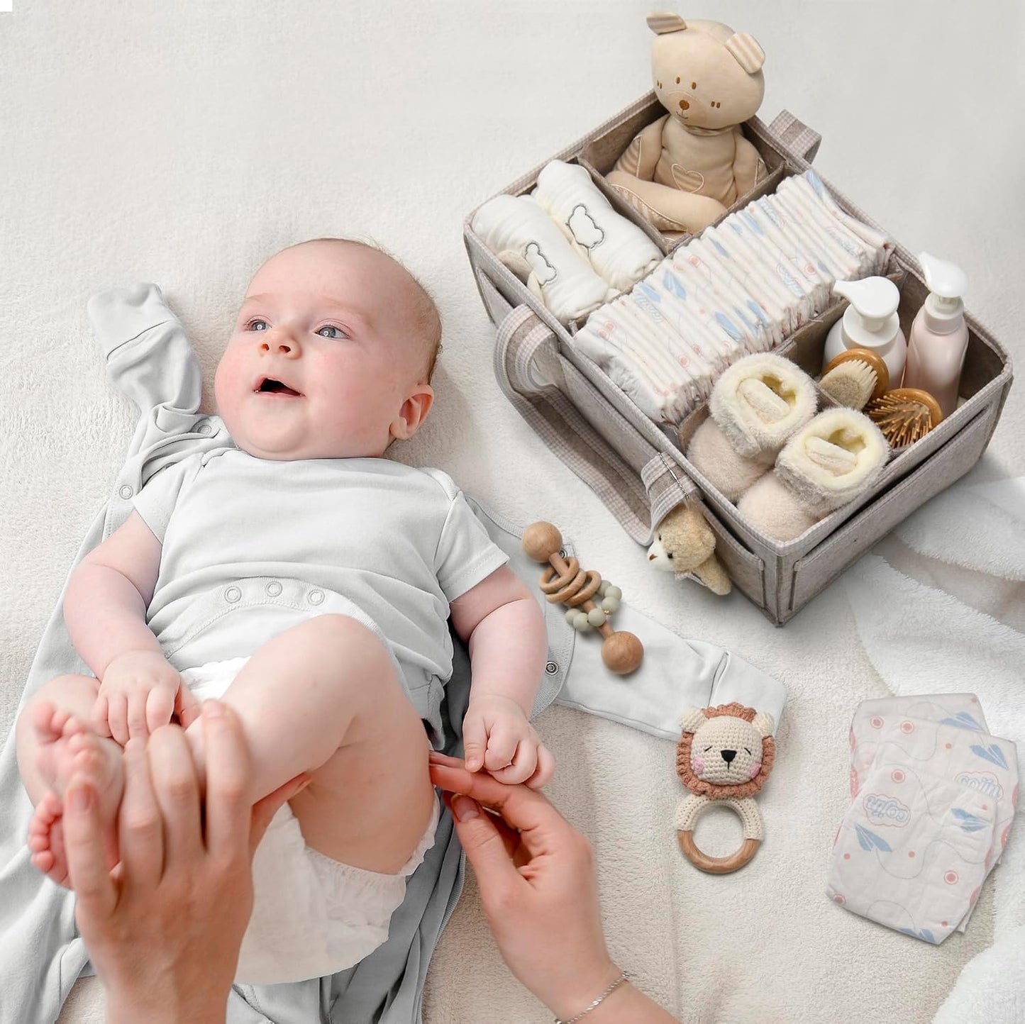 PeraBella XL Diaper Caddy Organizer With Handle, Baby Shower Gifts Basket Bag, Registry Search Must Haves Items, Newborn Girl Boy Nursery Storage Organizer, Baby Bag Essentials, Car Diaper Caddy Cart