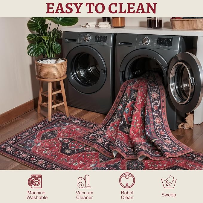 Tangsoo Red 3x5 Area Rugs, Oriental Washable Rug Non Slip Indoor Accent Rug, Vintage Print Carpet, Soft Low Pile Throw Rugs for Living Room Dining Bedroom Bedside Entryway Red/Black